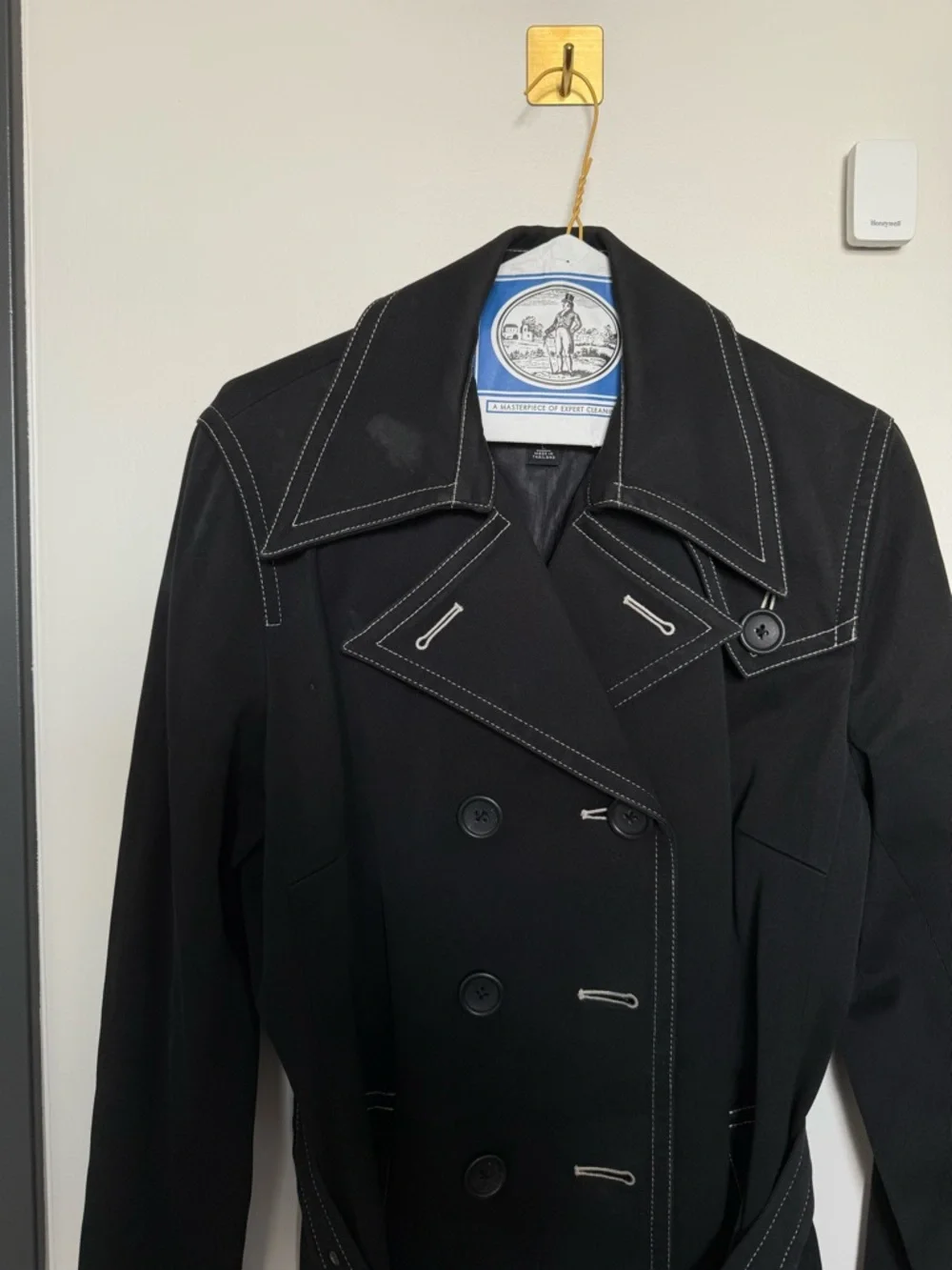 Vintage Banana Republic Black Cotton Trench Coat Contrast Stitch Belted L